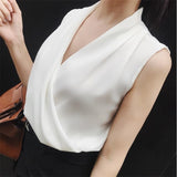 Amfeov 2022 Summer Spring Women Deep V-Neck Shirt Pure Color Tops Female Rayon Sleeveless Elegant Office Lady Blouse