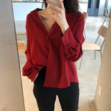 Amfeov Elegant V-Neck Front Button Women Shirts Office Ladies Blouses And Tops Loose Women Blouses Wine Red Blusas Mujer 2024