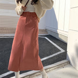 Thanksgiving Day Gifts Korean Style High Waist Corduroy Long Skirt Women Spring Autumn Loose Solid Color Split A-Line Casual Vintage Skirt Elegant