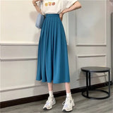 Amfeov Candy-Colored Long Pleated Skirt Women Summer Casual Simple Solid Midi Skirt 2024 A-Line High Waist Skirts Students Streetwear