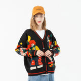 Amfeov Cartoon Clown Magician Embroidery Sweater Harajuku Retro Style Knitted Sweater Autumn And Winter Cotton Button Cardigan