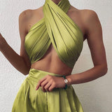 Chic Women Satin Criss-Cross Halter Top Sleeveless Backless Bandage Cropped Mini Vest Sexy Bustier Boob Cami Top Elegant Lady