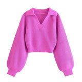 Amfeov Solid Pink Pullover Femme Fashion Autumn Spring Long Sleeve Knitted Sweater  2022 Women Turn Down Collar Chandails Crop Tops