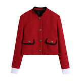 Amfeov Solid Red Woolen Tweed Blazer Jacket Fashion Autumn Winter Office Ladies Crop Tops Vintage Female Coat Veste Femme Abrigo Mujer
