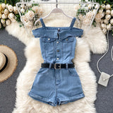 Amfeov Summer Rompers Women Jeans Jumpsuit Off Shoulder 2022 Loose Casual Denim Rompers Womens Jumpsuits Wide Leg Casual Denim Overalls