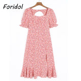 Amfeov Autumn Backless Cutout Pink Summer Dress Women Floral Print Slit Boho Long Dress Women Puff Sleeve Ruffle Sundress 2024 New