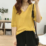 Amfeov Half Sleeve T-Shirts Women Daily Summer Retro Fashion Solid V-Neck Vintage Ins Hot Sale Tender 2022 Classic Clothes College Thin