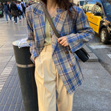 Women Vintage Plaid Blazer Long Sleeve Double-Breasted Jacket Lady Loose Casual Street Wear Suit Autumn Coat