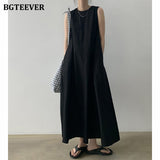 Amfeov 2022 New Summer Oversized Loose Women Cotton And Linen Long Dress Casual O-Neck Sleeveless Ladies Solid Vestidos