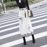 Amfeov Female Sexy Casual Letter Printing Ripped Denim Skirts Spring Women Fashion High Waist Large Size A-Line Hole Jean Skirts White