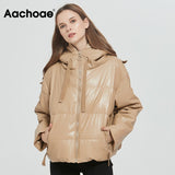 Christmas Gift Aachoae Women Thick Warm PU Faux Leather Padded Coat 2021 Winter Zipper Hooded Jacket Parka Long Sleeve Pockets Outerwear Tops