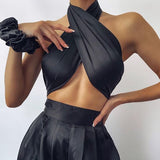 Chic Women Satin Criss-Cross Halter Top Sleeveless Backless Bandage Cropped Mini Vest Sexy Bustier Boob Cami Top Elegant Lady