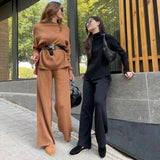 Back to School Free Shipping Women's Solid Color Knitted Suit Elegant Stand Collar Long Sleeve Loose Pullover & Straight Pants Two-Piece Set