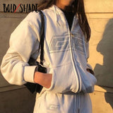 Amfeov 90S Skater Style Rhinestone Hoodies Letter Pocket Zipper Women Sweatshirts Long Sleeve Y2k E-Girl Streetwear Hoodie
