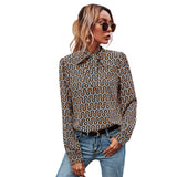 Amfeov Temperament Shirt With Bowknot Autumn New Printed Long-Sleeved Half-High Collar With Women's Commuter Top