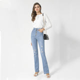 Amfeov Women's Jeans Autumn Casual Button Hole Slim Flared Pants High Waist Wide Leg Denim Jeans Mom Jeans Streetwear Ripped Trousers