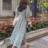 Amfeov Short Sleeve Dress Women Casual Flower O-Neck Lady Mid-Calf Elegant Popular Korean Style Girlish Sundress A-Line Summer Trendy