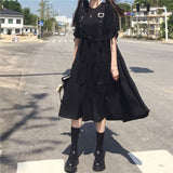 YBYR Japanese Harajuku Women Black Midi Dress Gothic Style Suspenders Bandage Dress Vintage Ruffles Long Baggy Cosplay Costume