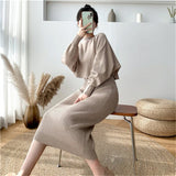 Thanksgiving Day Gifts Vintage Knitted Sweater Suits Autumn Winter Korean Long Sleeve Crop Top Pullovers And Long Vest Dress Knit Two Piece Set Outfits