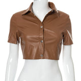 Amfeov  Black PU Leather Button Up Short Sleeve Crop Top T Shirt Women Fashion 2022 Streetwear Vintage Clothes C85-CZ15