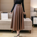 Amfeov New Autumn Winter PU Leather mi-long Women's Skirts with Belted High Waist  A-line Skirt Mid-calf Umbrella Skirts