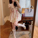 QWEEK Floral Lace Dress Mori Girl Style Elegant Puff Sleeve Bandage Kawaii Fairy Princess Mini Short Dresses Woman 2021