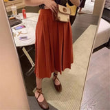 Amfeov Candy-Colored Long Pleated Skirt Women Summer Casual Simple Solid Midi Skirt 2024 A-Line High Waist Skirts Students Streetwear