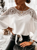 Amfeov New Crochet Embroidery Lace Blouses Women Autumn Sexy Lace Stitching White Shirts Vintage Plus Size Ladies Tops Blusas 12459