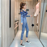 Amfeov Women High Fashion Ruffles Denim Jumpsuit Long Sleeve Original Design Irregular Jeans Rompers