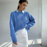 Women Casual Blue Oversize Sweater Top Lantern Sleeve O neck Loose Sweater 2021 Autumn Winter Fashion Vintage Streetwear Sweater