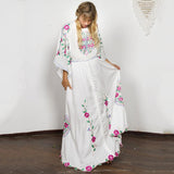 Embroidered Women Maxi Dress V-Neck Batwing Sleeve Loose Oversize Summer Dresses Drawstring Waist Boho Beach Vestidos