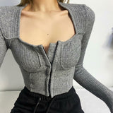 Amfeov Spring Fall New Slim Long Sleeve Short Sweater 2022 Women Vintage Square Collar Sweater Female Korean Sexy Solid Color Knitwear