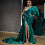 Amfeov Evening Party Dress Women Elegant Beading Side Split Satin Lantern Sleeve Green Wedding Prom Gown Long Maxi Dresses 2022