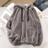 Winter Fashion Warm Women's Hoodie Lamb Cashmere Sweet Solid Color Harajuku Casual Loose Gray Flannel Pullover Sweatshirt Tops