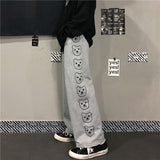 Amfeov Christmas Gift HOUZHOU Korean Style Wide Leg Pants Women Baggy Harajuku Cartoon Print Women Jogging Sports Pants Hippie Black Casual Trousers