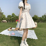 Amfeov 2023 New Summer Floral Print Dress Women Casual Sexy Bandage Ruffles Mini Dresses Girls Sweet Square Neck Dress