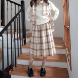 High Waist Vintage Plaid Midi Skirts Saia Mori Girl Cute Pleated Skirts Lolita Autumn Winter Women Skirt