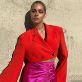 Amfeov  Women Blazer V Neck Long Sleeve Cropped Blazer 2022 Autumn Chic Button  Lace Up Turn-down Collar Outwear