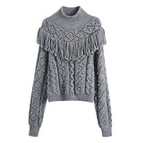 Amfeov Solid Gray Fringes Sweater Fashion O Neck Long Sleeve Balls Twist Oversize Casual Pullover Femme Chandails 2024 Jumper Mujer