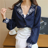 QoerliN Vintage Blouses 2020 Elegant Lapel Flower Embroidery Korean OL Shirt Women Single-Breasted Loose Tops Plus Size 2XL