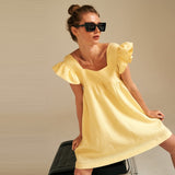 Sweet Butterfly Sleeve Mini Dress Bright Yellow Square Collar A-Line Casual Loose Street Wear Beach Boho Party Dress 2021 Summer