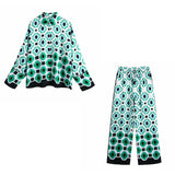 Christmas Gift PUWD Casual Women Green Print Blouse Suit 2021 Spring Elegant Female Streetwear Pant Matching Sets Ladies Vinatge Geometry Suits