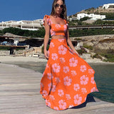 Amfeov 2022 Summer New Fashion Matching Suit Printed Bohemian Sexy Beach Skirt Suit 2-Piece Suit Women's Short Top + High Waist Long Sk