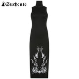SUCHCUTE Gothic Print Midi Dress For Women Summer Turtleneck Dark Academia Fashion Long Dress Harajuku Sleeveless Black Dresses