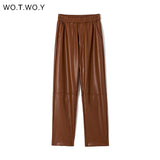 WOTWOY Elastic High Waist Fleece Straight Leather Pants Women Loose Patchwork Faux Leather Trouser Women Pockets Mujer Pantalone