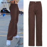 Amfeov Weekeep Fashion Plaid Hollow Out Streetwear Jeans Women Club High Waist Button Fly Straight Pants Korean Baggy Denim Holes Pants