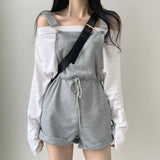 Amfeov Women's Off-shoulder Casual All-match Waist Loose Loose Jumpsuit Shorts Bib + Long-sleeved Bottoming T-shirt Suit 2024