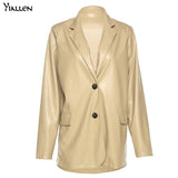 Yiallen Autumn New Faux PU Material Solid Coat for Women Single Breasted Long Sleeves Loose Top Casual High Streetwear New