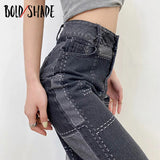 Amfeov Casual Grunge Black Jeans Indie Patchwork Women Loose Baggy Denim Fashion Trouser Boy Friend Style High Waist Jeans