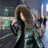 Christmas Gift New Winter Puffer Jacket Women Warm Thicken Hooded With Fur Long Coat Shining Stylish Female Parka Manteau Femme Hiver